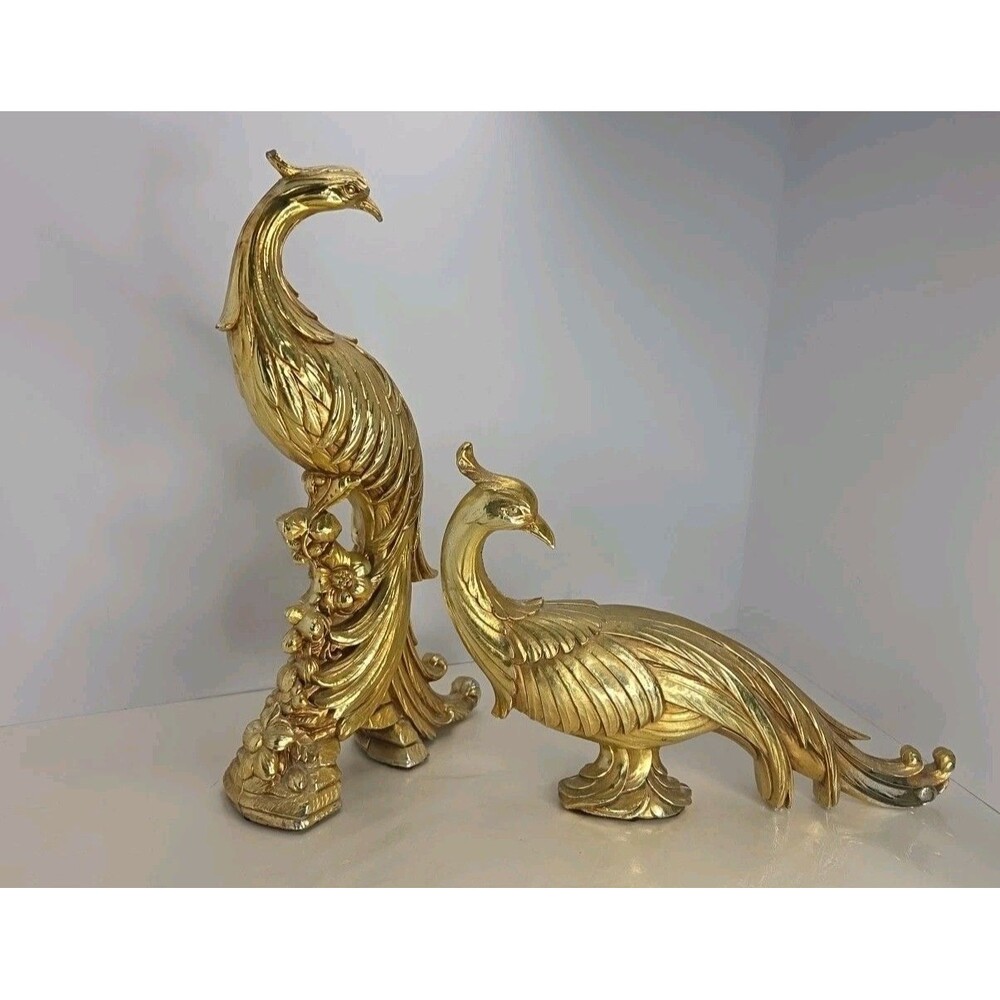 Vintage Syroco Gold Pheasant/Peacock Birds Figurine Pair USA Hollywood Regency